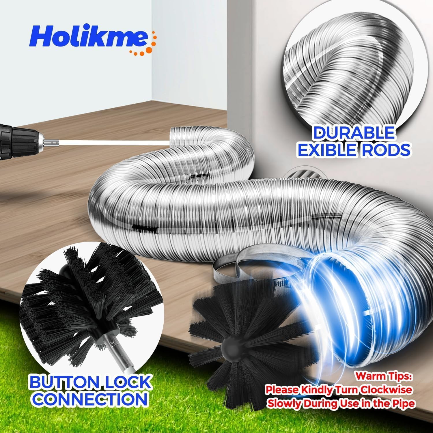 40 Feet Dryer Vent Cleaner Kit, Flexible Lint Brush with Drill Attachment, Extends Up to for Easy Cleaning, Synthetic Head, Use or Without a Power