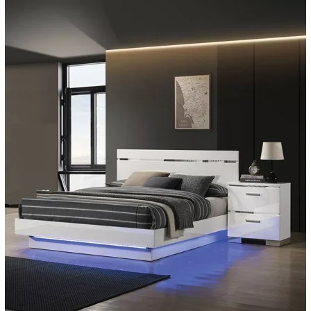 Contemporary California King Size Bed 2x Nightstands 3pc Set White Finish High Lacquer Coating Low Profile Platform Bed