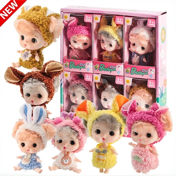 Qocolcyl 6 Pack Mini Sleeping Reborn Baby Dolls with Clothes, 3 Inch Animal Vinyl Realistic Doll Set, Portable Toddler Pretend Play Toy, Christmas Birthday Gift for Kids Boys Girls Ages 3