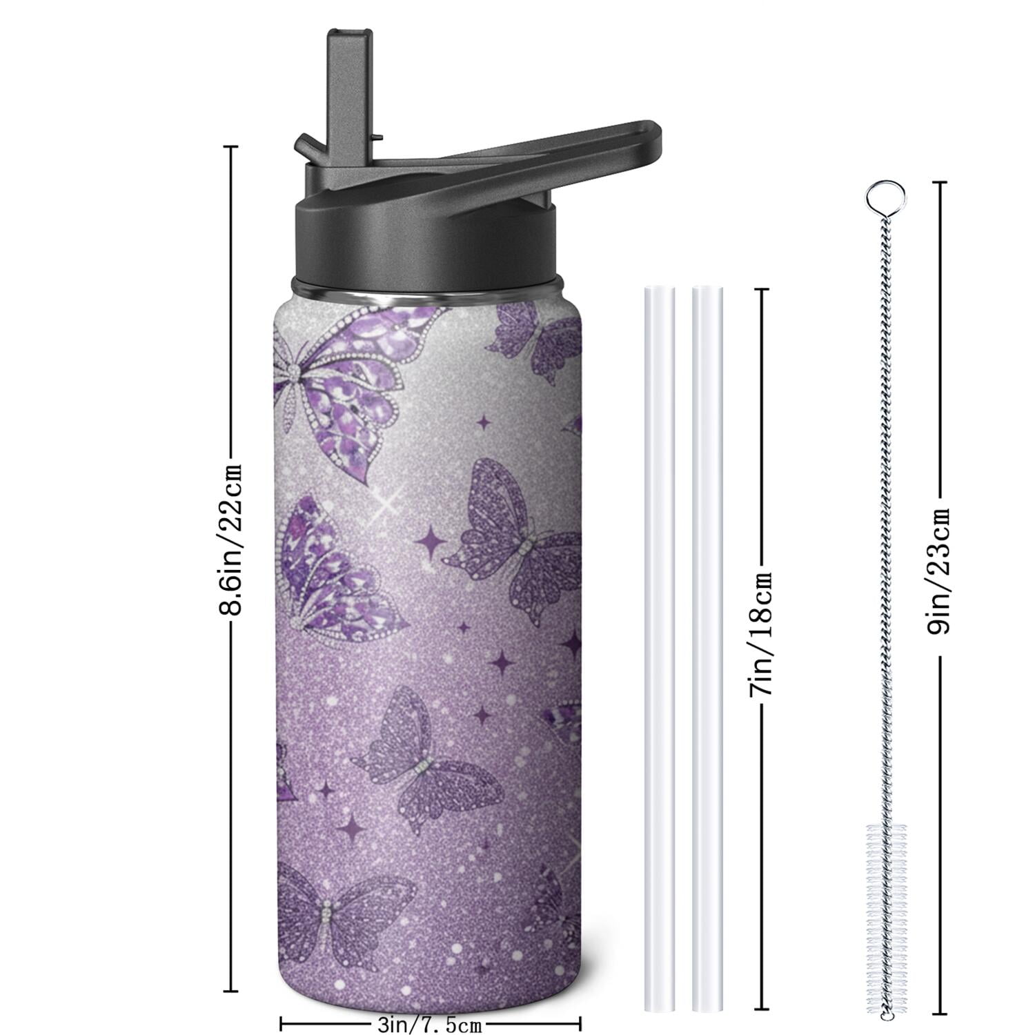 Butterfly 18oz Insulated Water Bottle with Straw & Cleaning Brush, Leakproof, BPA-Free, 304 Stainless Steel, Wide Mouth, Travel Mug for Car, Gym, Office, Spring