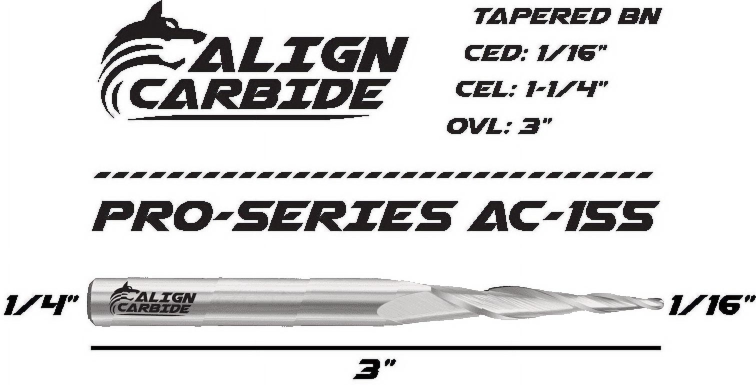 TAPERED BALL NOSE Router Bit, 1/16 Inch Cutting Diameter, 1/4 Inch Shank, Premium Solid Micro Grain Carbide, Spiral Plunge, 2 Flute, Ball Nose Cutting Face, CNC Router Pro-Series Item AC-155
