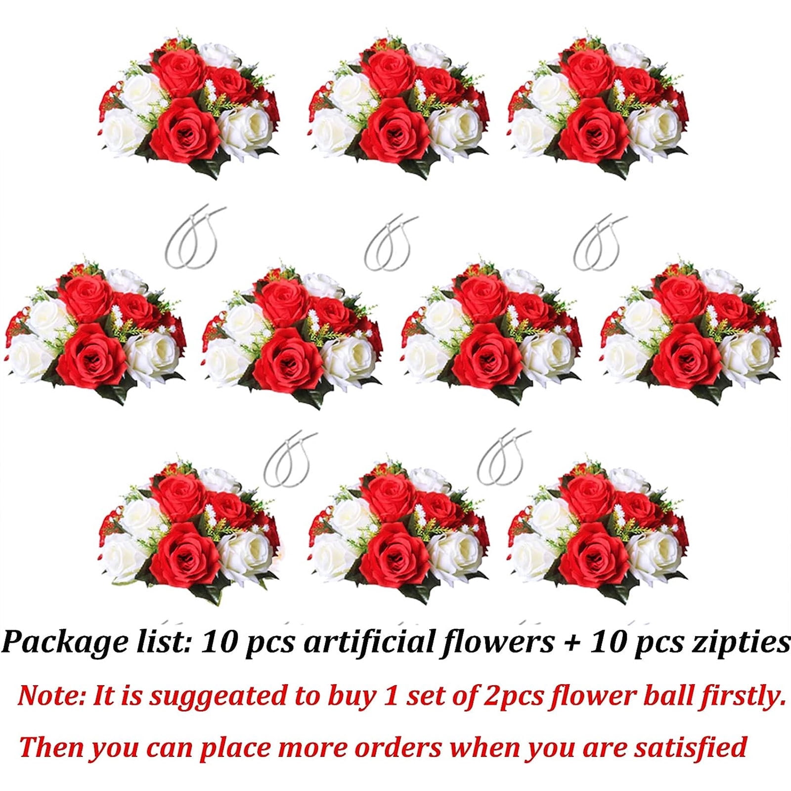 Blosmon Flower Kissing Balls Wedding Centerpieces 10 Pcs Spring Artificial Roses Flowers Vintage Red and White Floral Arrangements