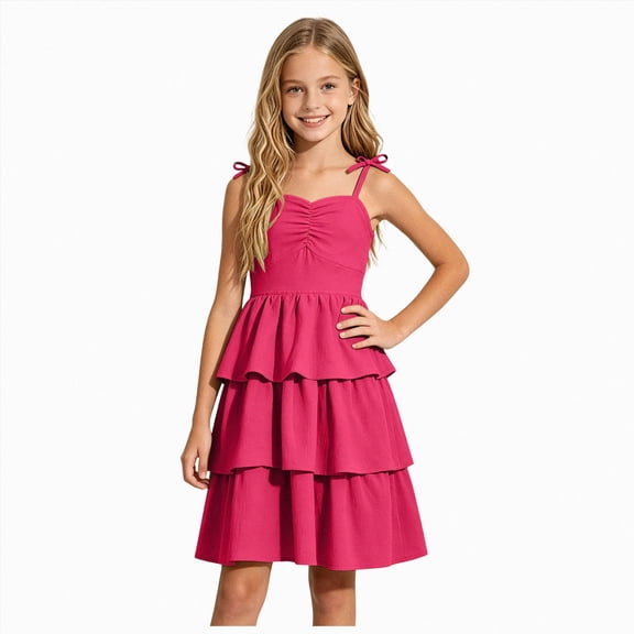 mgoYE Girls Spaghetti Strap Ruffled Swing Dress for Teen Tween Formal Prom Back to School Homecoming Dance Casual(Hot Pink,7-8 Years)