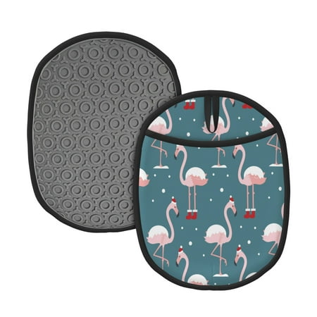 

2pcs Silicone Pot Mat Mitten Heat-Resistant Quilted Liner Oven Hot Pads With Pockets For Women Men Kitchen Cooking Bbq Baking Elegant Flamingo Wearing A Christmas Hat