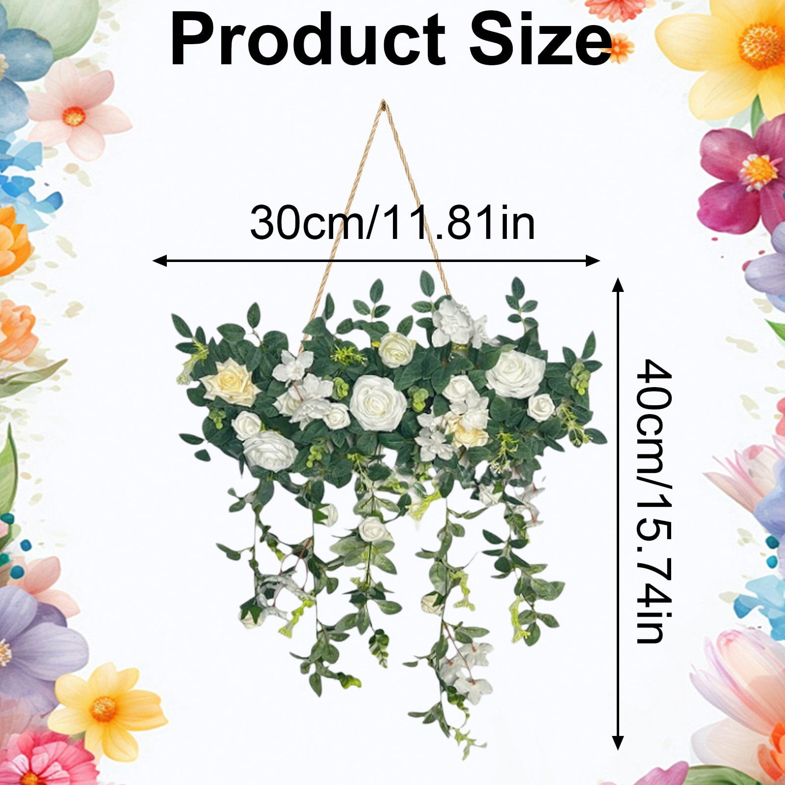 Artificial Hanging Floral Swag, Fake Rose Wall Hanging, UV Resistant Faux Floral Bouquet with Lush Foliage, Hanging Wall Decor for Spring Garden Wedding Home Office Kitchen Table Vase, White