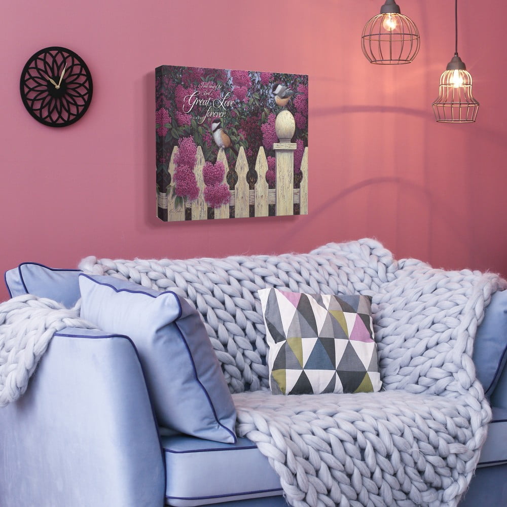 The Stupell Home Decor The Lords Great Love Birds with Purple Flowers and Fence