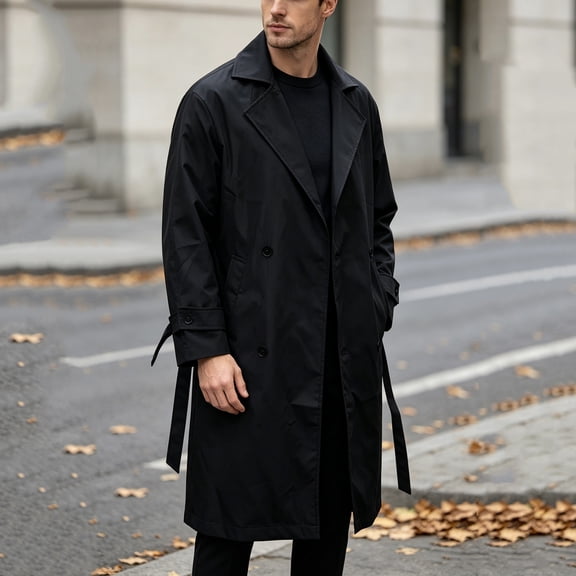 Maqroz Mens Long Trench Coat Double Breasted Notch Lapel Fall Winter Windbreaker Casual Business Formal Overcoat Classic Outerwear with Waist Belt, (Black,XXL)