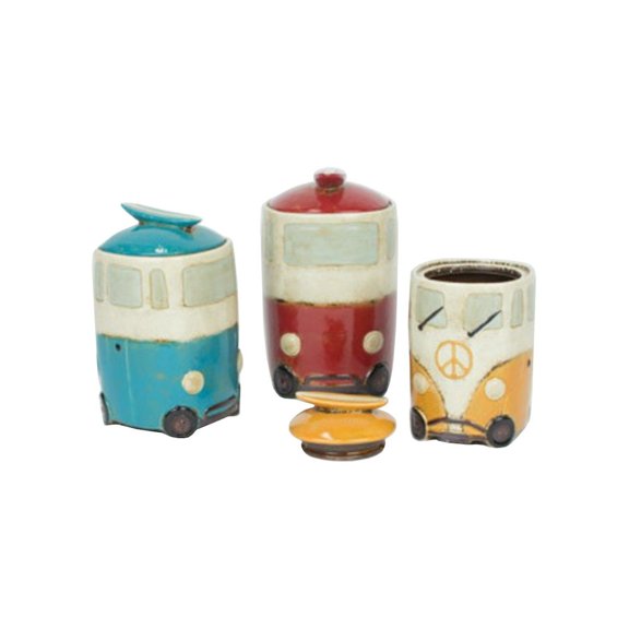 Kalalou CDV1821 6 x 6 x 10 in. Ceramic Van Canisters with Surfboard Handles - Set of 3
