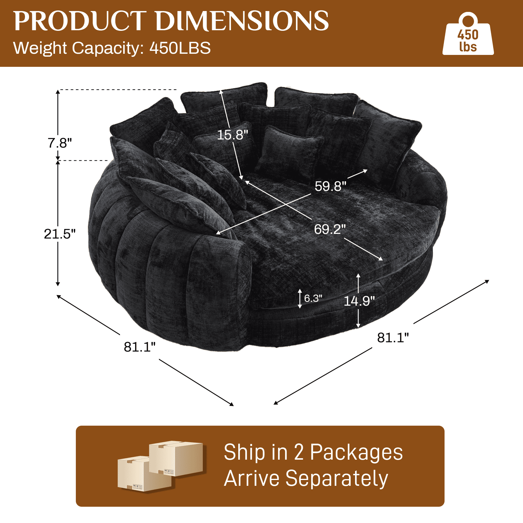 Rophefx 81.1" Oversized Round Chaise Lounge Sofa Bed,Fluffy Plush Cloud Couch with Deep Seat and 14 Pillows,Modern Comfy Couch for Living Room Apartment,Black