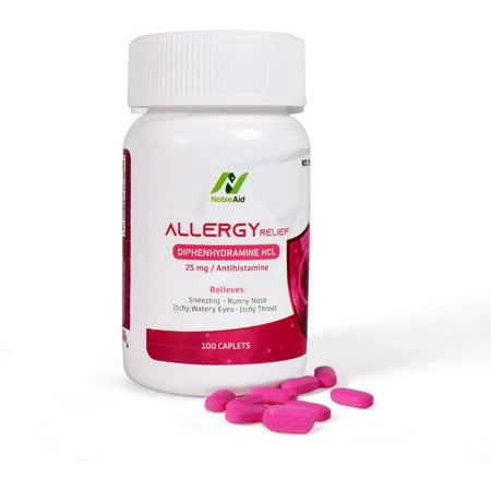 NobleAid Antihistamine Allergy Relief Tablets 25mg Diphenhydramine HCl Decongestant, 100 Counts
