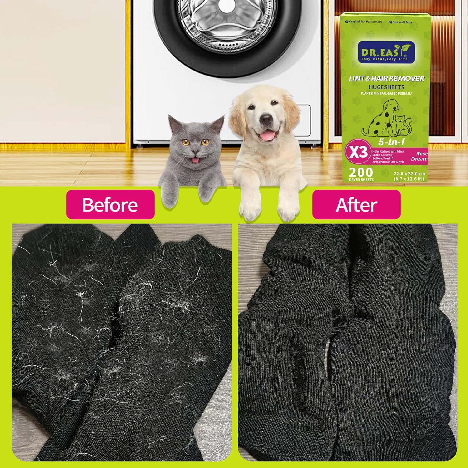 r.Easy LINT & HAIR REMOVER Pet HUGESHEETS with 3X , Rose Dream, 200 Count,PLANT&MINERAL-BASED FORMULA