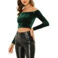 thumbnail image 4 of INSPIRE CHIC Women's Boat Neck Long Sleeve Off Shoulder Cropped Velvet Blouse XL Dark Green, 4 of 6
