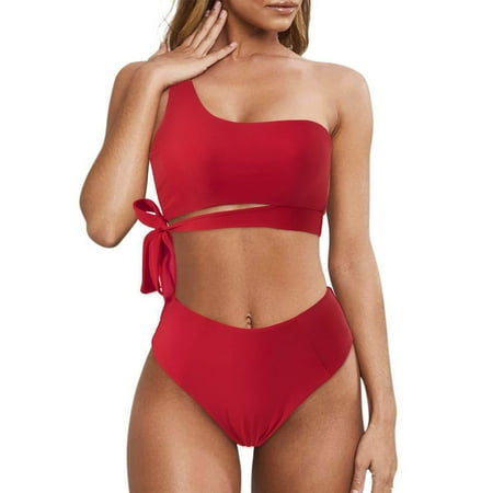 Tawop Womens Swimwear Swimwear Women s Two Piece Bikini Bottoms Lace One Shoulder Womens Swimsuits One Piece Clearance Red S