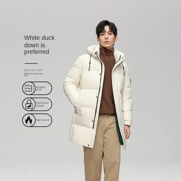 Abrigo masculino Ropa para hombre Derivados de oro negro Chaqueta larga de plumón Chaqueta de plumón de pato 90% blanca Chaqueta de plumón de invierno acolchada para hombre