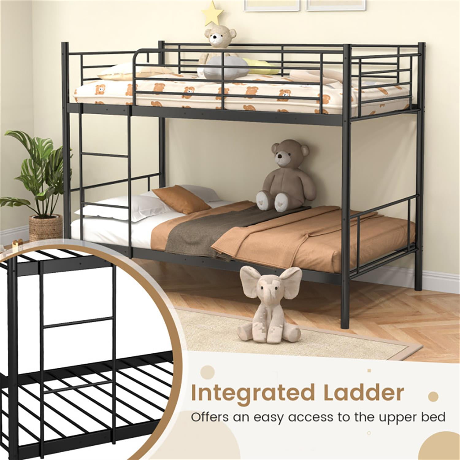 Demi Bonn Metal Bunk Bed Frame Twin Over Twin with Ladder and Full-length Guardrails, Heavy Duty Metal Bed Frame, Black