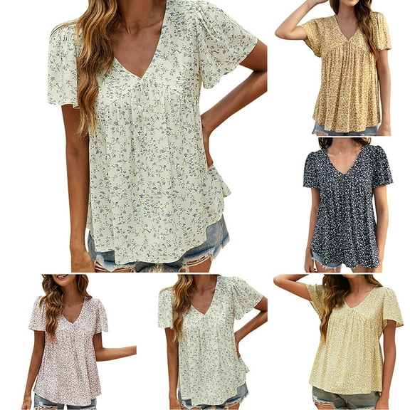 GSPCLAM Womens Floral Graphic T Shirts V Neck Short Sleeve Tops for Vacation Loose Fit Comfortable Summer Blouse Dressy Casual White S