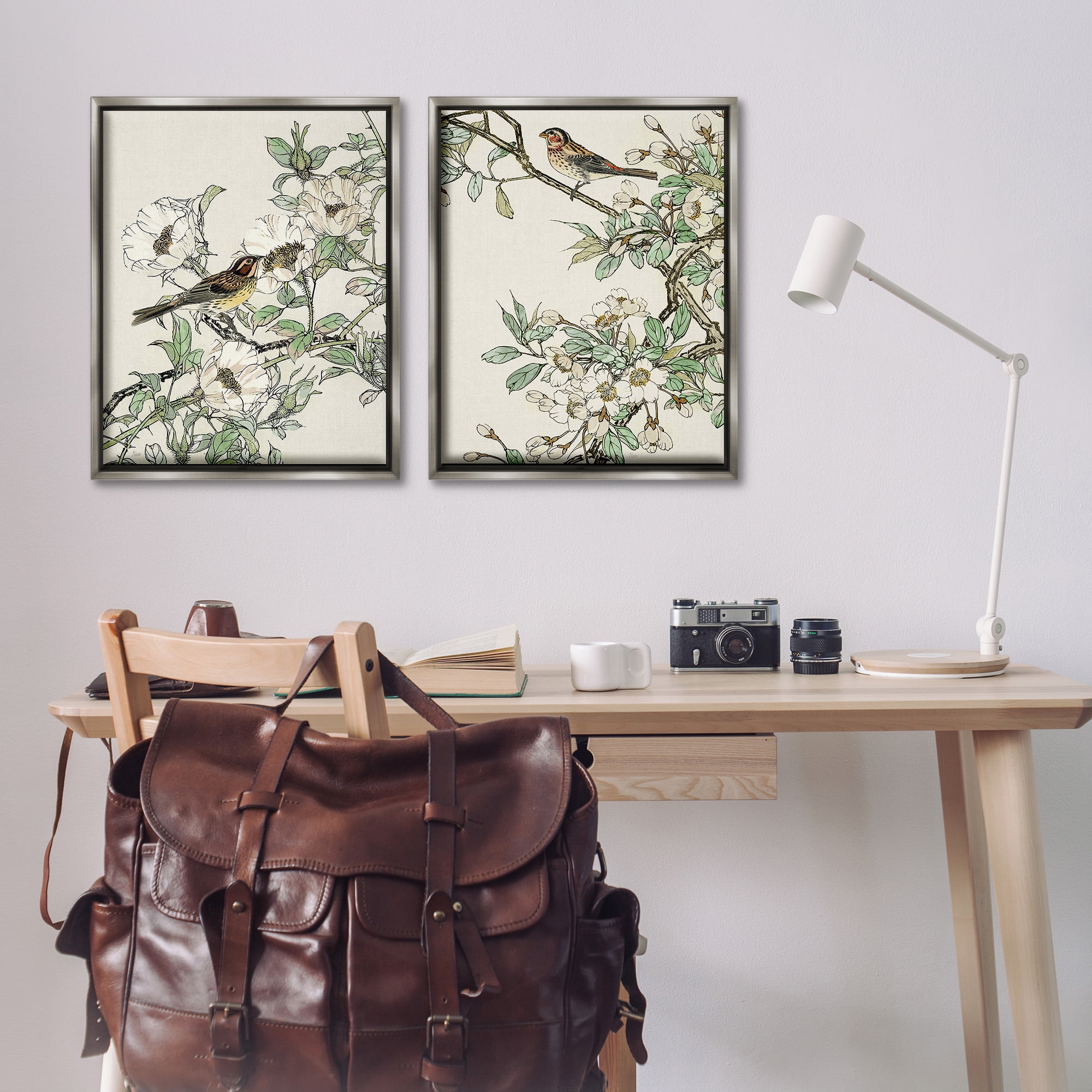 Stupell Industries Classic Sparrow on Blossoms Animals & Insects Painting Gray Floater Framed Canvas Art Print Wall Art, 25 x 31, Set of 2