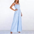 thumbnail image 4 of Jumpsuits for Women Casual Summer Cruise Spring Fashion Smocked Wide Leg Gingham Rompers with Pockets Light Blue, 4 of 8