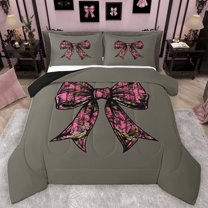 Homewish Kawaii Bow Tie Queen Comforter Set,Retro Bowknot Ribbon Bedding Sets,Pink Black Green Bedding Comforter Set For Girls Kids,Luxury Bedroom Decor Reversible,3-Piece