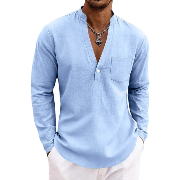 USNSM Mens Linen Henley Shirts Long Sleeve Casual Solid Color Summer Beach T Shirts with Pocket Lightweight Hippie Yoga Tops Blue M