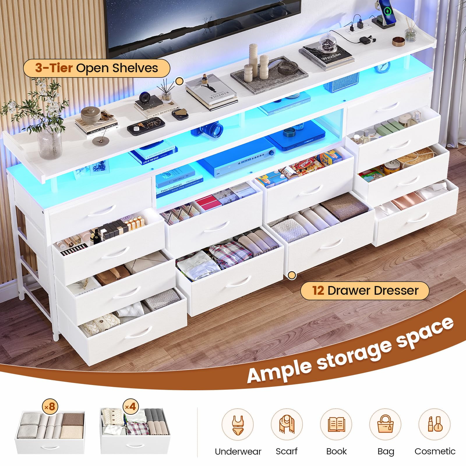 White TV Console for Bedroom,TV Stand Dresser with 12 Drawers,Entertainment Center with LED Lights & Power Outlets, 63" Large LED TV Stand for 65 inch TV