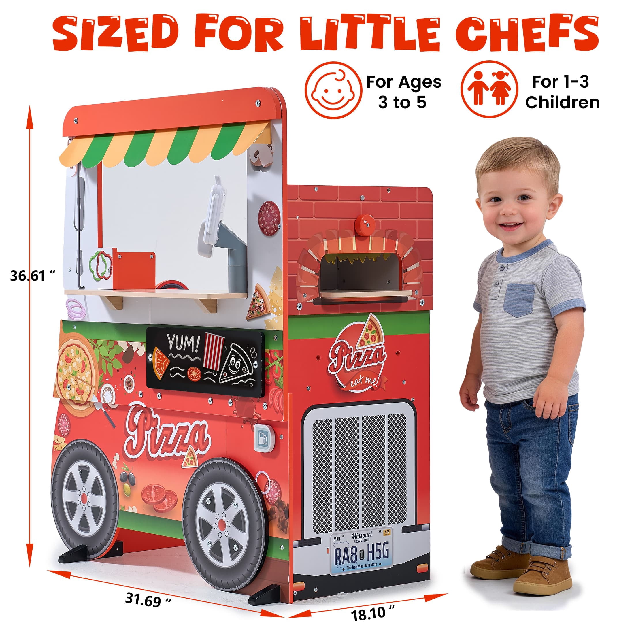 Wooden Pizza Food Truck Activity Center with Play Food, for Boys