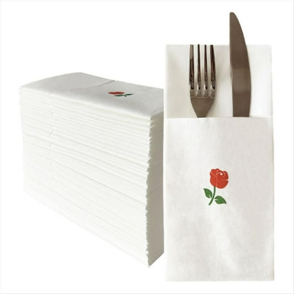 50 Servilletas Desechables de con Bolsillo para Cubiertos, Impresas y Dobladas, de Papel Tipo Tela.