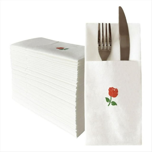 50 Servilletas Desechables de con Bolsillo para Cubiertos, Impresas y Dobladas, de Papel Tipo Tela.