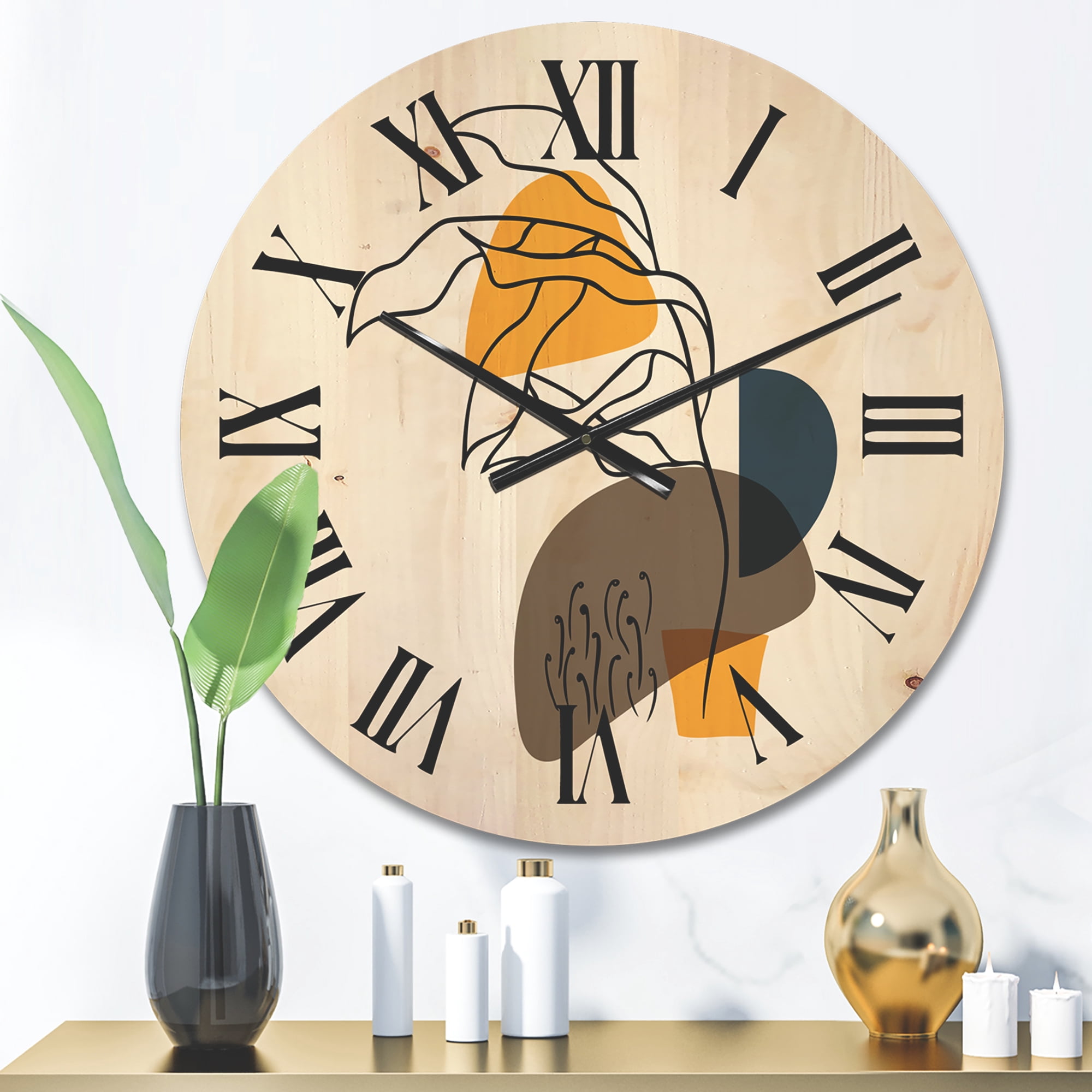Designart 'Abstract Minimal Shapes Under Flowers V' Modern Wood Wall Clock