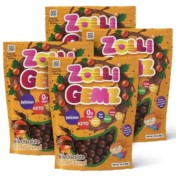Zolli Gemz Sugar-Free Candy, Milk Chocolate Flavored Covered Caramel, 3 Ounce Bag (4 Packs)