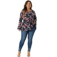 thumbnail image 3 of DARING DIVA Women's Plus Floral Bell Long Sleeve Crew Neck Peplum Top 2X Navy Blue, 3 of 6
