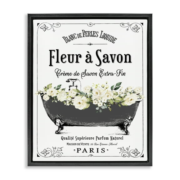 Stupell Industries French Flower Bathtub Black Framed Floater Canvas Wall Art design by Lettered and Lined, 21 x 17