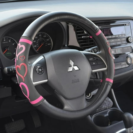 BDK Pink Love Hearts Pattern Steering Wheel Cover 14.5" to 15.5"