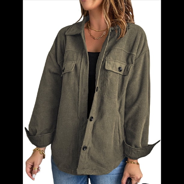 Chaqueta de Mujer de Gran Tamaño con Botones y Larga con Aberturas. Verde S
