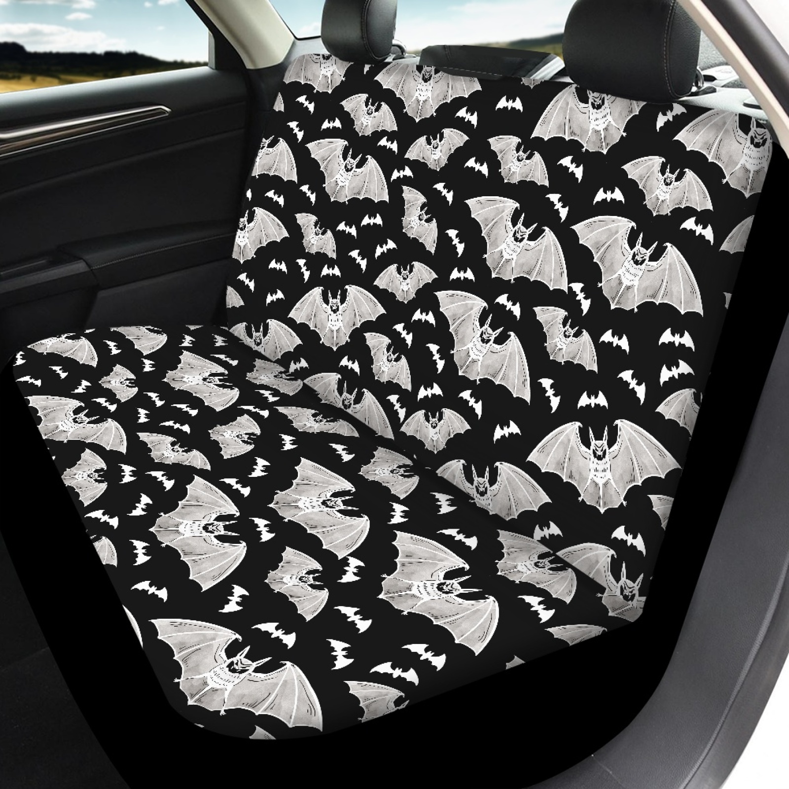 Renewold Bat Black Car Seat Covers Full Set, Front and Rear Bench Cover Protector Set Halloween Automobile Accessories Decor Universal Fit for Auto Truck Van SUV