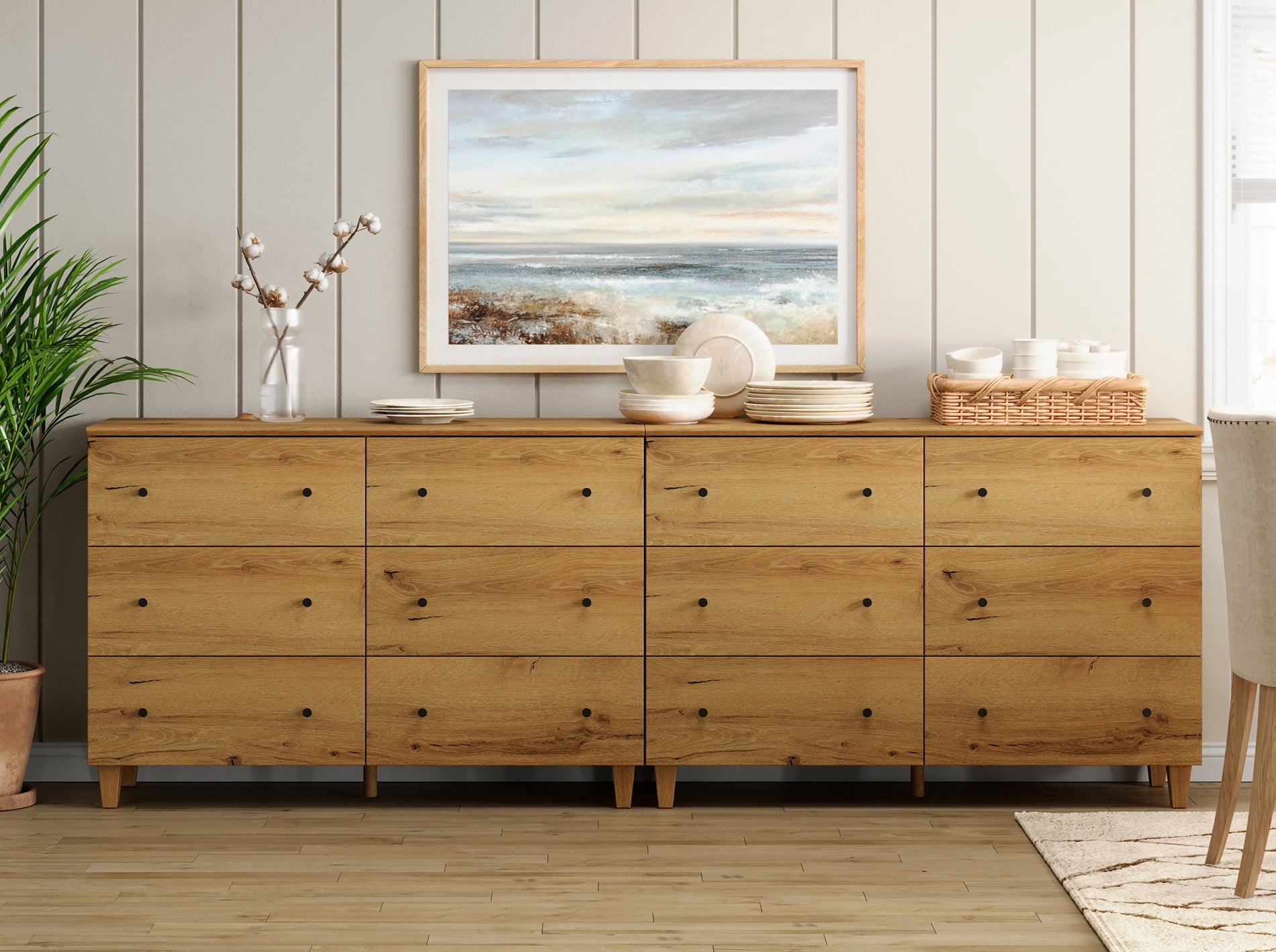 Modern 12-Drawer Double Dresser, Wooden Chest of Drawers with Oak Brown Wood Finish, 95" Wide