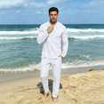 thumbnail image 5 of GrmtClth Lightweight Henley 2 Piece Suit for Men Long Sleeve Stand Collar Top and Elastic Pants Casual Home Loungewear White S, 5 of 6
