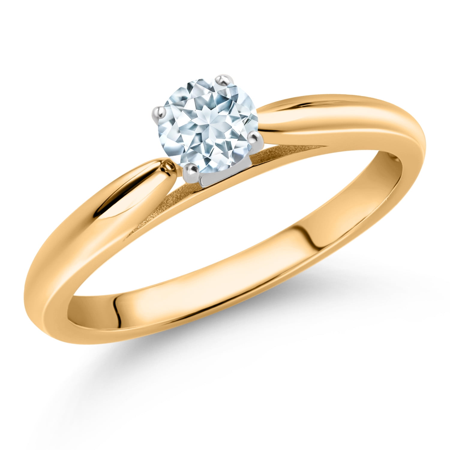 Gem Stone King 10K Yellow Gold Sky Blue Aquamarine Solitaire Engagement Ring for Women (0.25 Cttw, Gemstone March Birthstone, Round 4MM)