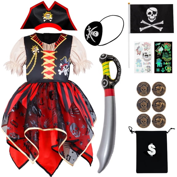 Girls Pirate Costume Sea Buccaneer Dress Accessories Outfit for Kids Halloween 3-4 Years