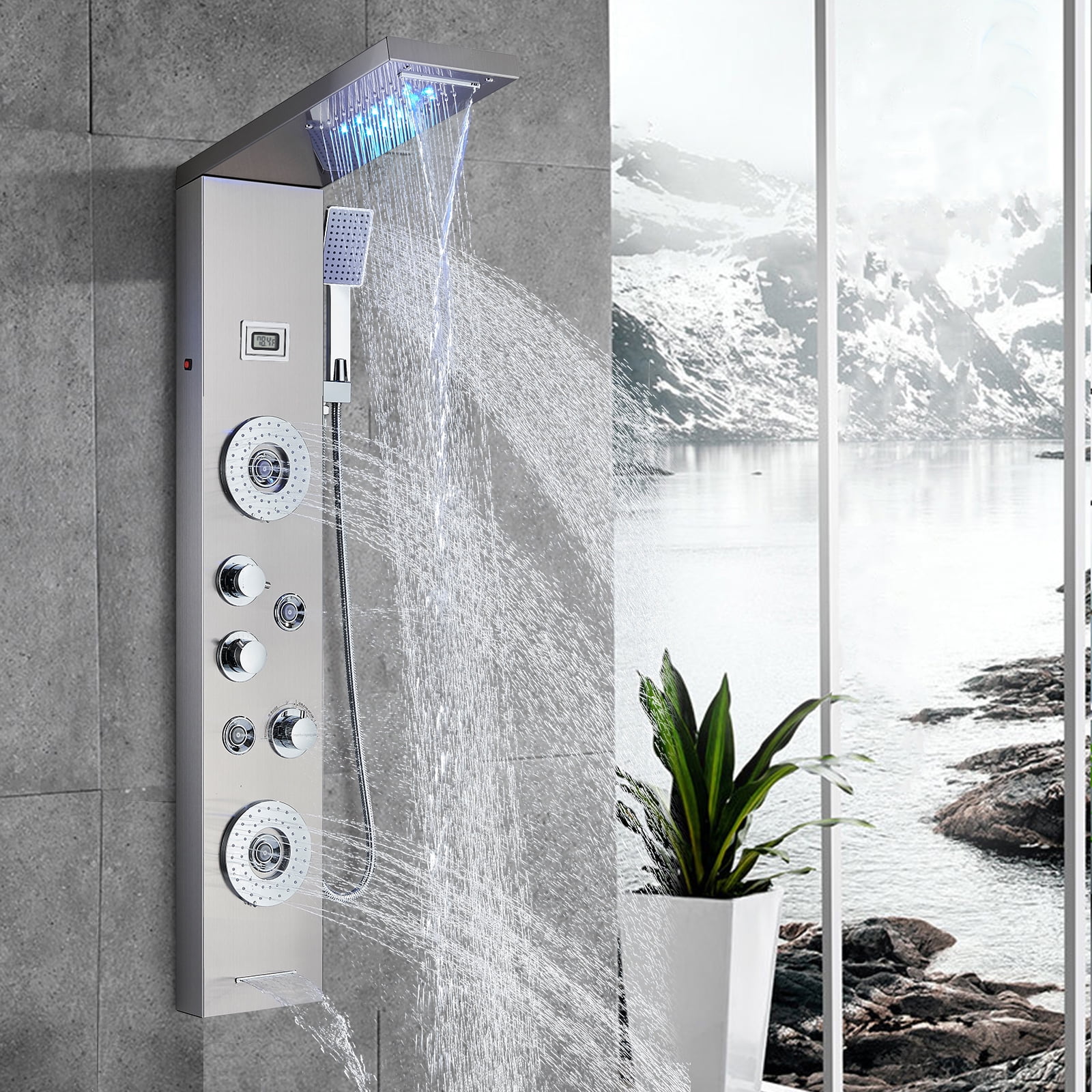 Zamery 6 in 1 Shower Panel Tower System with LED Rainfall Waterfall