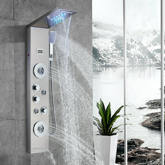 Zamery 6 in 1 Shower Panel Tower System with LED Rainfall Waterfall Shower Head,Multi-Function Shower Column with 4 Body Massage Jets Hand Shower Bathtub Spout,Brushed Nickel