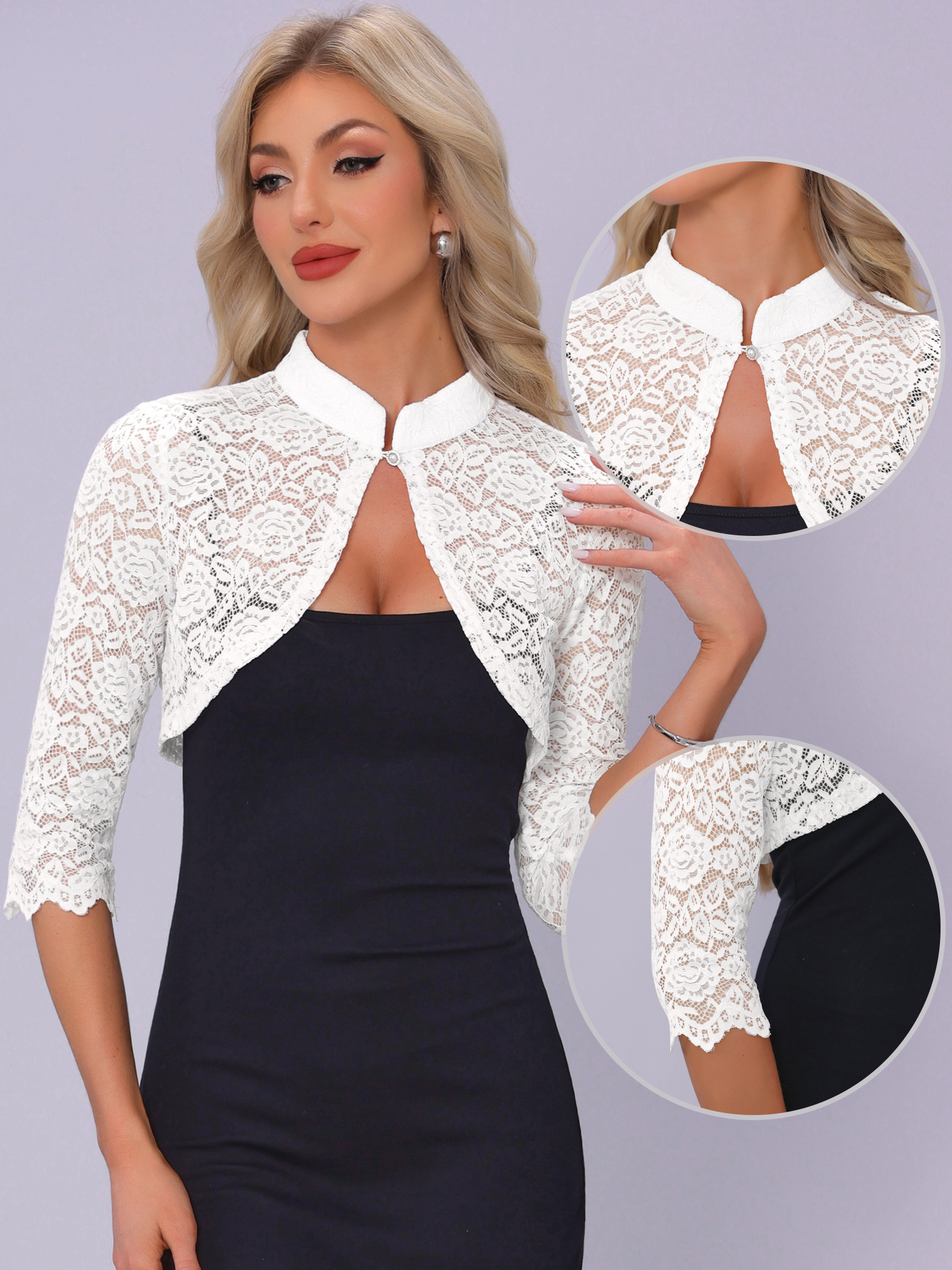 DARING DIVA Women's Stand Collar Sheer Floral Lace Bolero Shrug L White