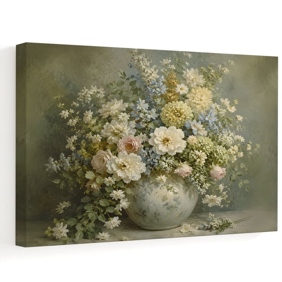 Colorful Flowers Canvas Wall Art, Country Vintage Farmhouse White Blue Pink Floral Wall Art Prints Artwork Framed Canvas Ready to Hang Art Pictures for Living Dining Room Bedroom Hallway 30" x 20"
