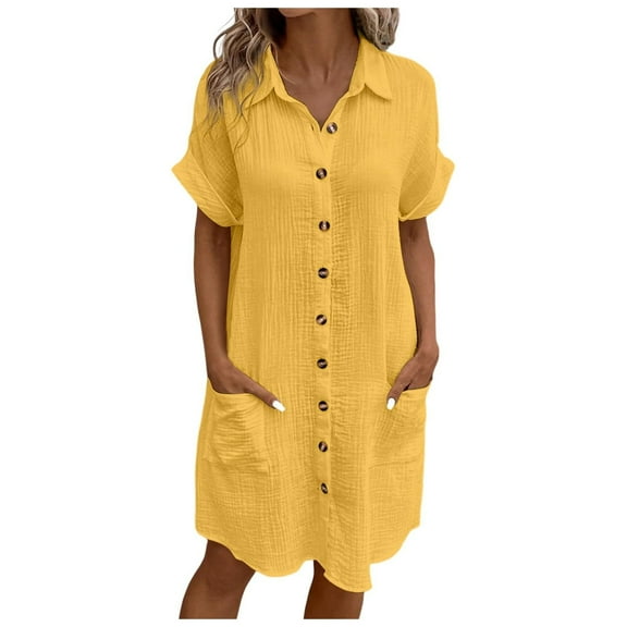 GEWSEY Women's Summer Midi Shirt Dresses Button Down 1/2 Sleeve Lapel Casual Cotton Linen Dress (Yellow, M)