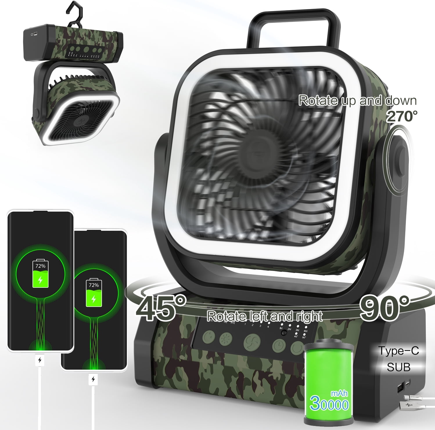 30000wAh LED Camping Fan with Remote, 4 Speeds, USB-C Charging, Timer,Automatic Oscillation, Hanging Hook,Ideal for Camping, Power outages and Hurricanes