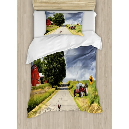 Country Duvet Covers Set Rural Decor Twin Size Duvet Cover Set, Farmhouse on Country Road with Barn and Tractor on Side in Stormy Day Picture, Decorative 2 Piece Bedding Set with 1 Pillow Sham, Multicolor, by Ambesonne ()
