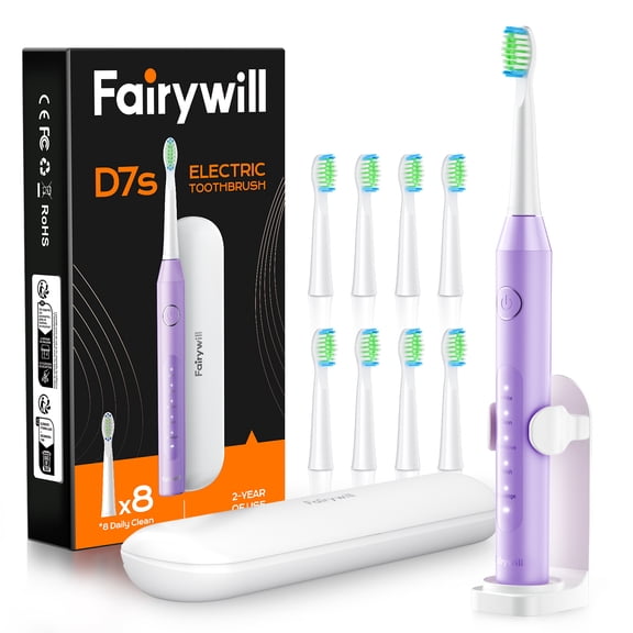 Fairywill D7s Pro Sonic Electric Toothbrush for Adults and Kids, Rechargeable Kit with 8 Dupont Brush Heads & Travel Case, 47000 VPM, 5 Modes, Fast Charge, 60-Day Battery, IPX7 Waterproof, Purple