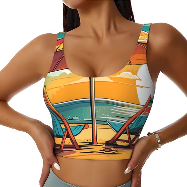 Balery Vintage Beach Sunset Sujetadores deportivos con espalda cruzada para mujer, acolchados, sin costuras, de alto impacto, ideales para yoga, gimnasio, entrenamiento y fitness.-Small