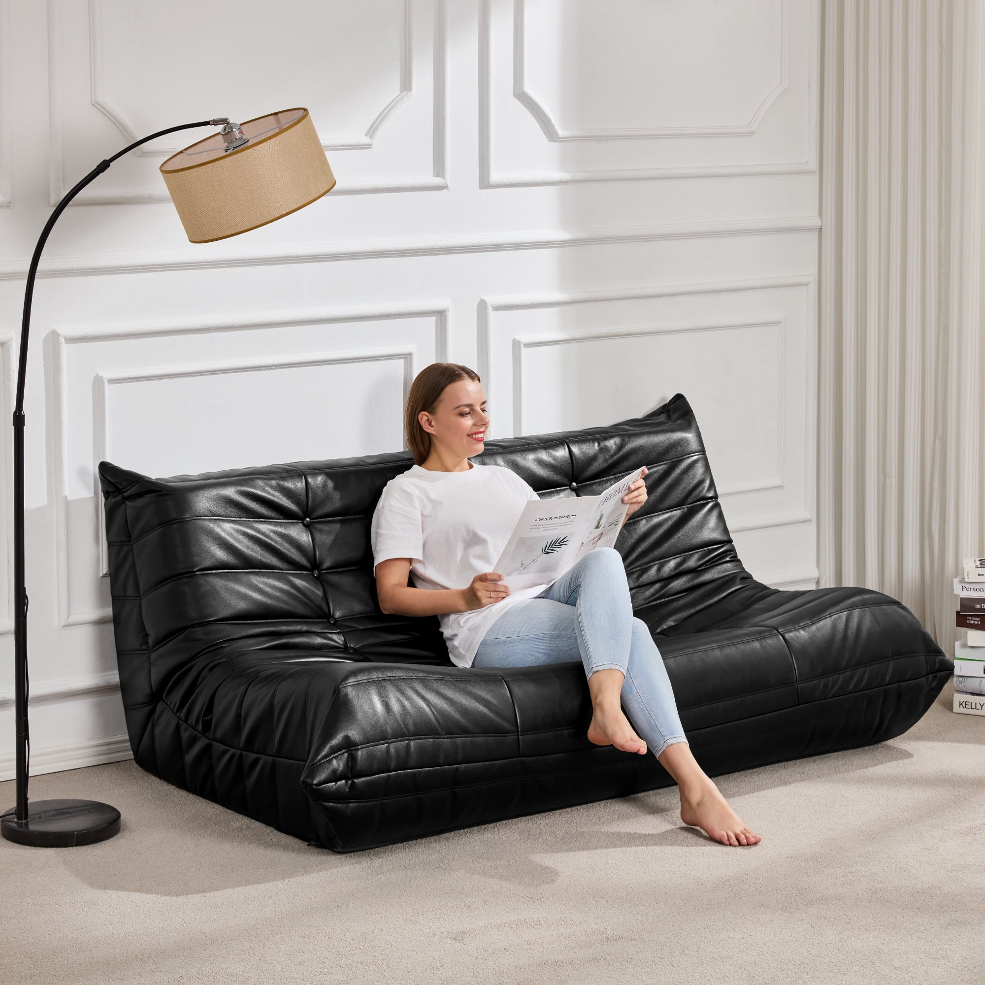 Hobestluk Bean Bag Chair Giant Bean Bag Sofa 3 Seater Bean Bag Chairs for Adults, Loveseat Floor Chair, Leather Bean Bag Chairs for Living Room Bedroom Office (Black, 3-Seater)