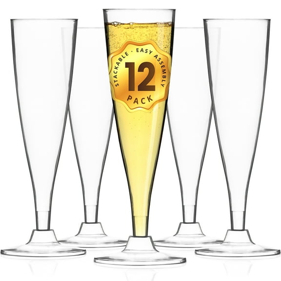 DecorRack 12 Plastic Champagne Glasses, 5 oz Clear Reusable Party Cups, Durable BPA Free Shatterproof Drinkware for Weddings, Parties and Outdoor Use (Pack of 12)